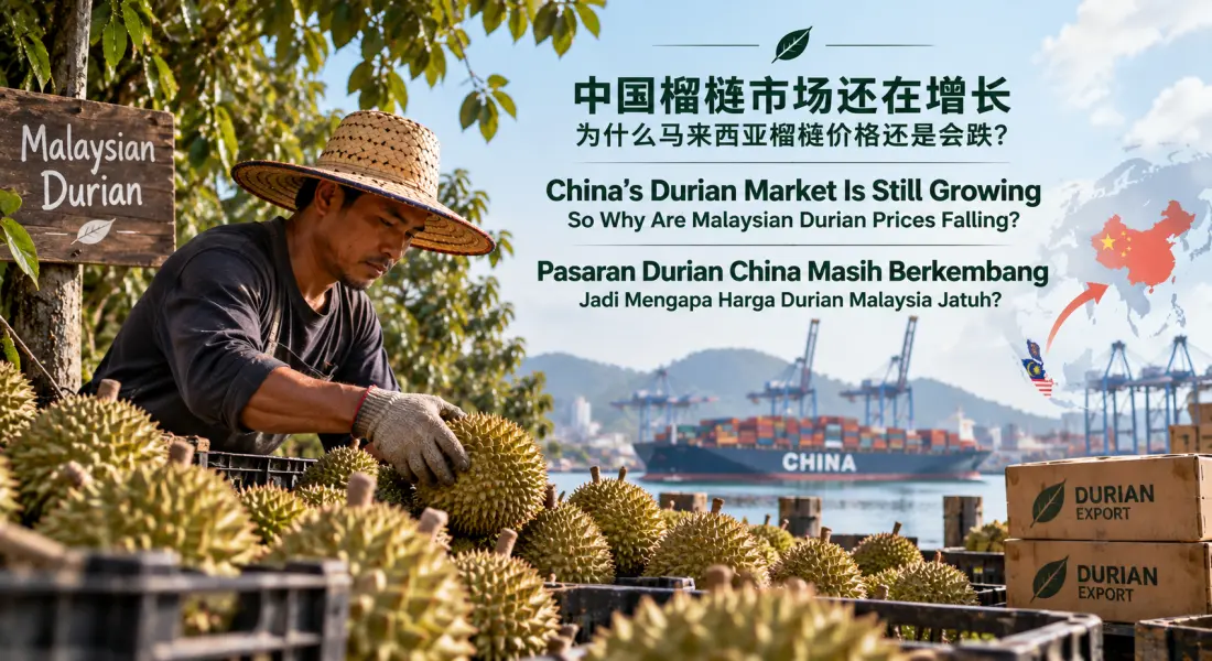 Durian Malaysia di pasaran pada 2026 — permintaan China meningkat sementara harga tempatan jatuh